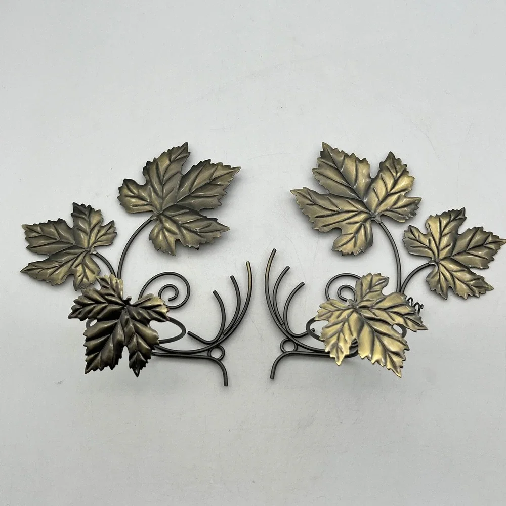 PartyLite Vintage Grape Leaf Metal Sconces Pair Bronze Tone Wall Candle Holders